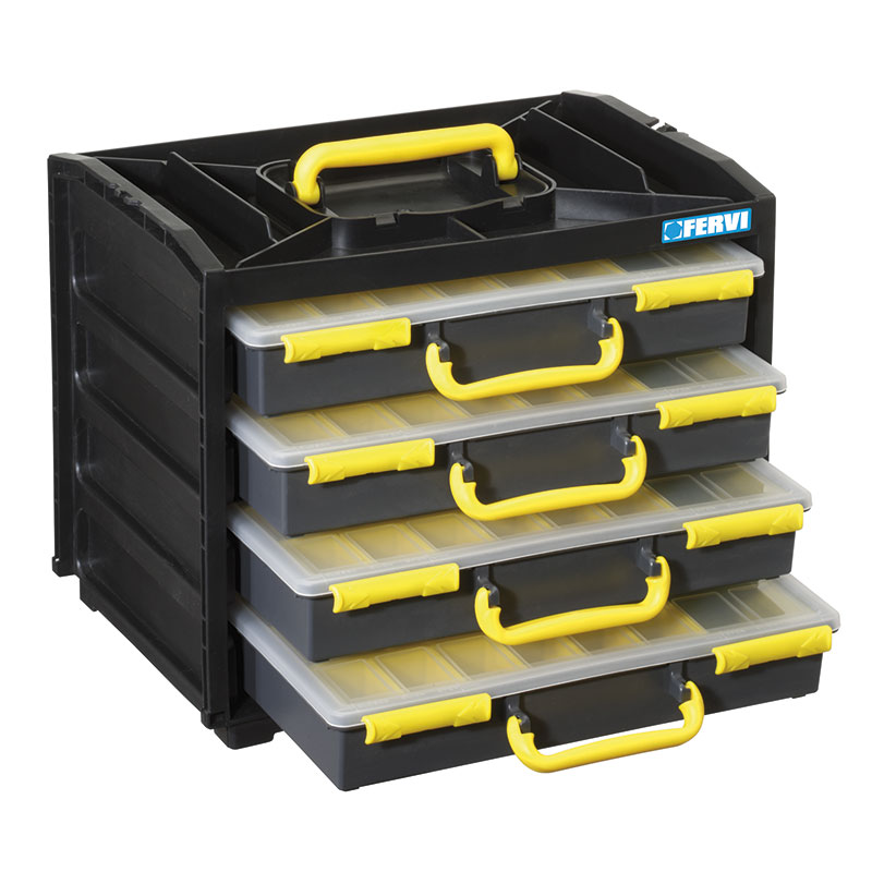 RACK WITH 4 PLASTIC TOOL ORGANIZER BOXES - C313, Tool boxes, Workshop  furniture, Workshop equipment